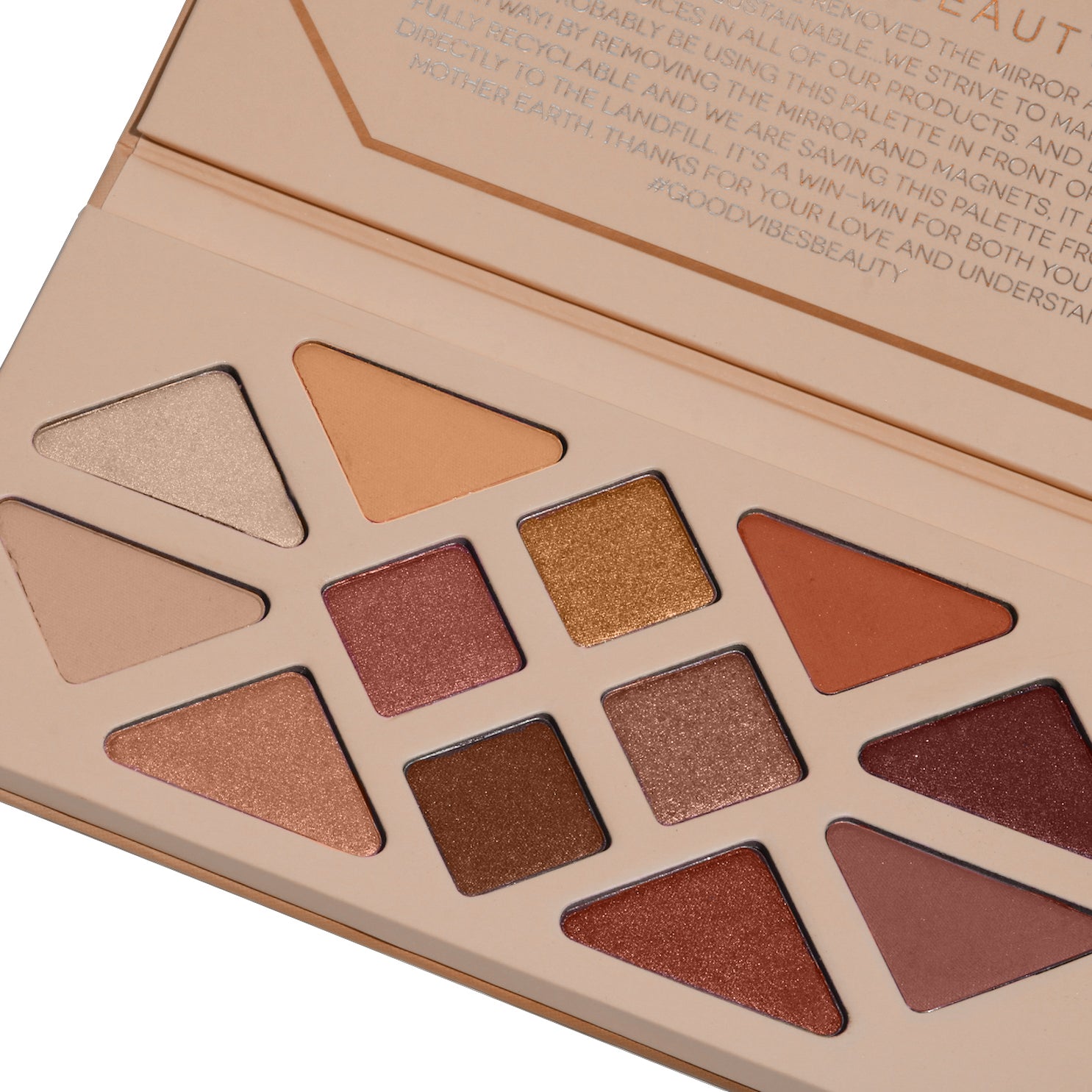 Studio product image of the 12-Pan "Summer Solstice" Crystal Eyeshadow Palette, sitting open to show the included shade colors.