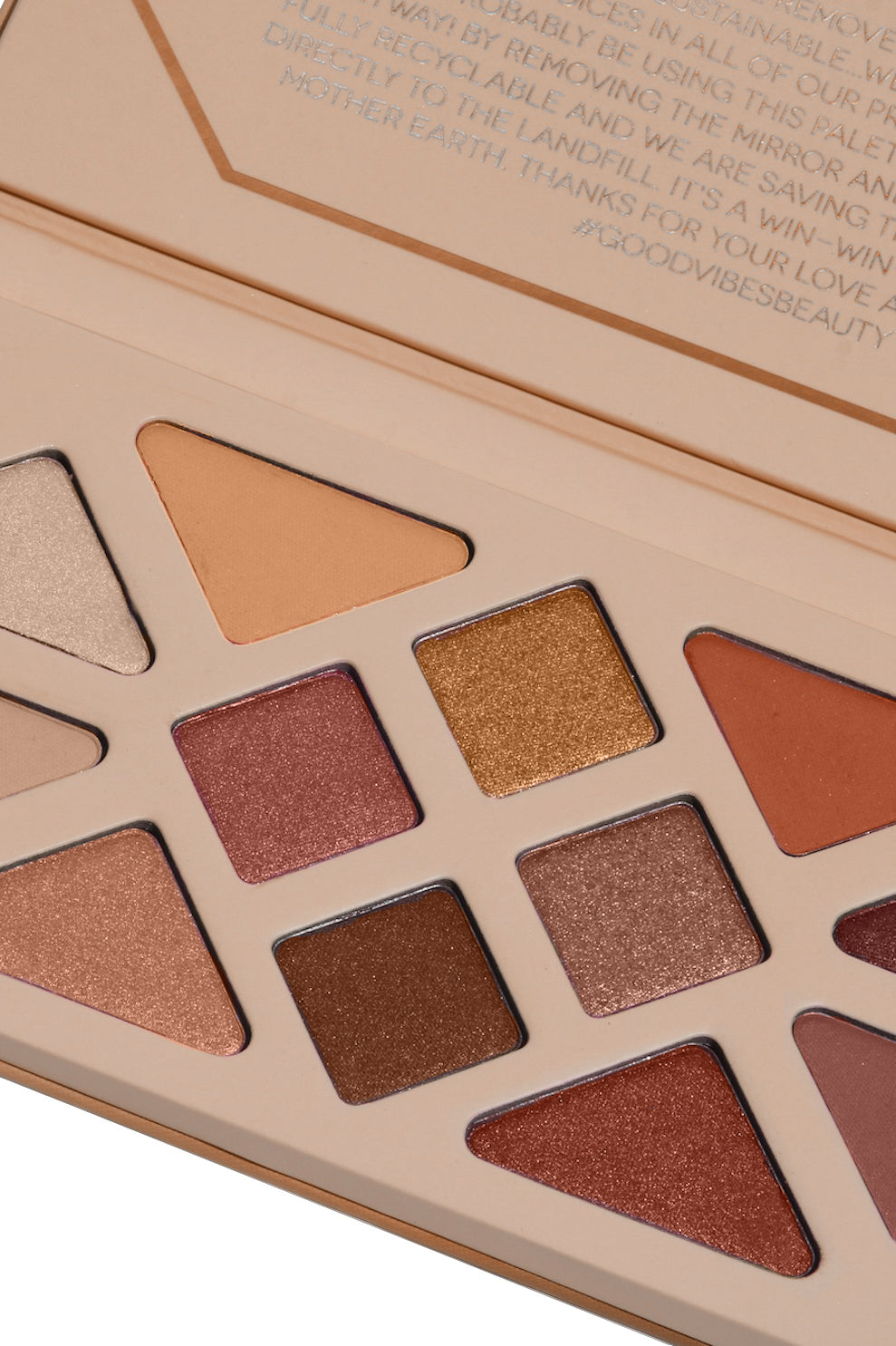 Studio product image of the 12-Pan "Summer Solstice" Crystal Eyeshadow Palette, sitting open to show the included shade colors.