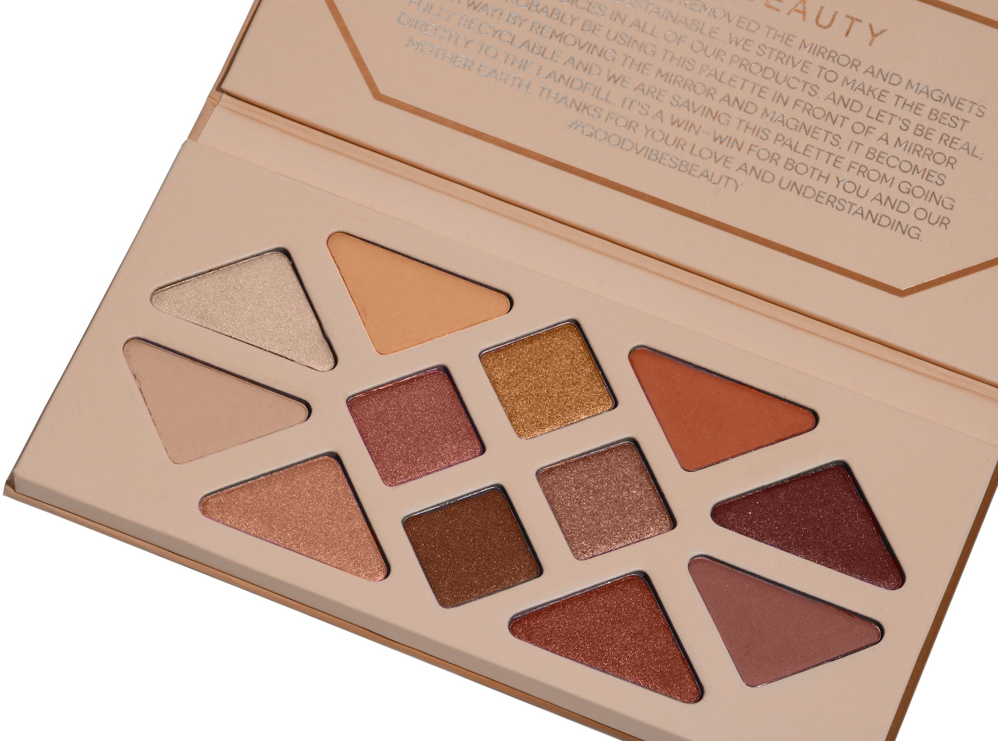 Studio product image of the 12-Pan "Summer Solstice" Crystal Eyeshadow Palette, sitting open to show the included shade colors.