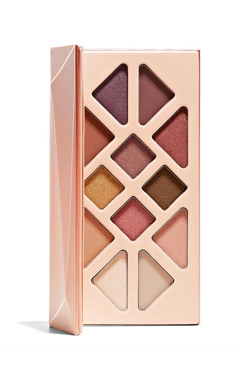 Studio product image of the 12-Pan "Summer Solstice" Crystal Eyeshadow Palette, sitting open to show the included shade colors.