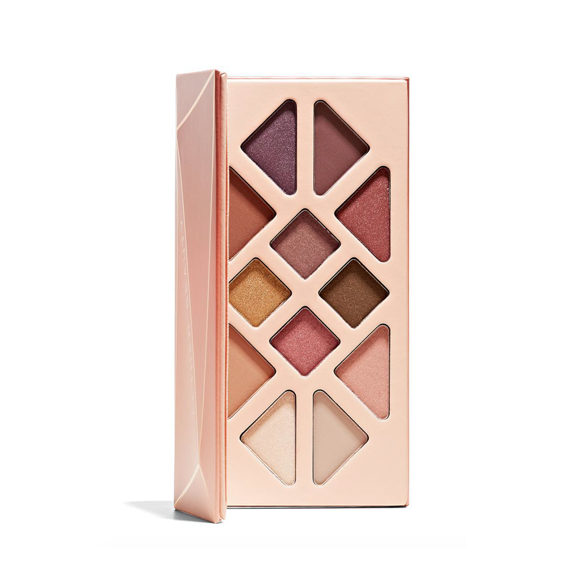 Studio product image of the 12-Pan "Summer Solstice" Crystal Eyeshadow Palette, sitting open to show the included shade colors.