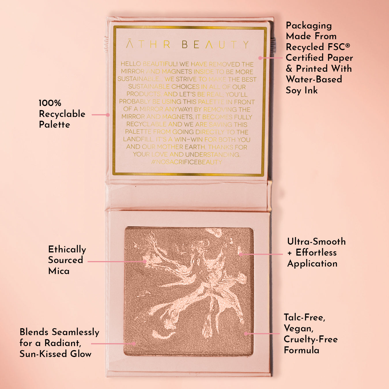 Educational image of the Diffused Reflections Bronzing Powder in the shade, "Aurora." Packaging made from Recycled FSC® Certified paper & printed with water-based soy ink; 100% recyclable palette. Ultra-smooth plus effortless application; ethically sourced mica; blends seamlessly for a radiant, sun-kissed glow; talc-free, vegan, and cruelty-free formula.