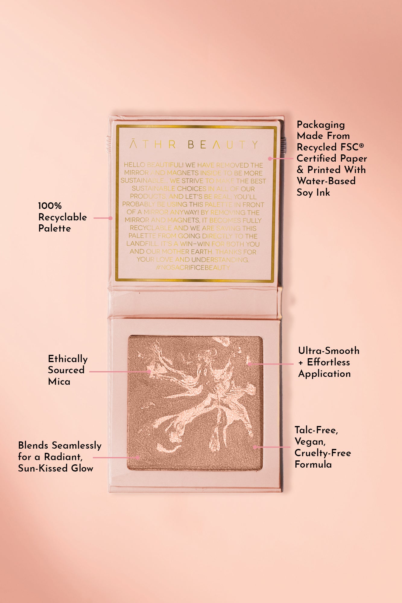 Educational image of the Diffused Reflections Bronzing Powder in the shade, "Aurora." Packaging made from Recycled FSC® Certified paper & printed with water-based soy ink; 100% recyclable palette. Ultra-smooth plus effortless application; ethically sourced mica; blends seamlessly for a radiant, sun-kissed glow; talc-free, vegan, and cruelty-free formula.