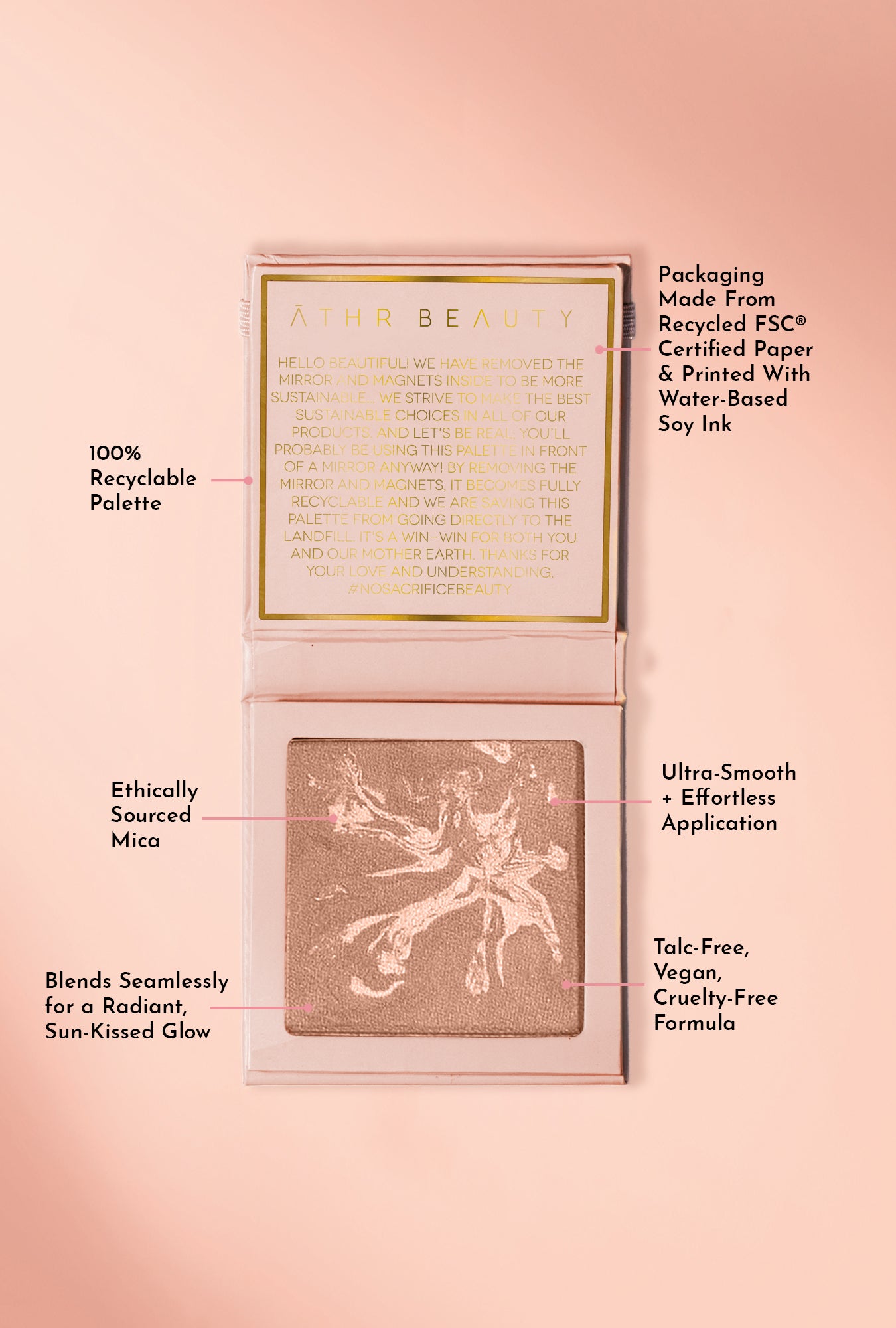 Educational image of the Diffused Reflections Bronzing Powder in the shade, "Aurora." Packaging made from Recycled FSC® Certified paper & printed with water-based soy ink; 100% recyclable palette. Ultra-smooth plus effortless application; ethically sourced mica; blends seamlessly for a radiant, sun-kissed glow; talc-free, vegan, and cruelty-free formula.