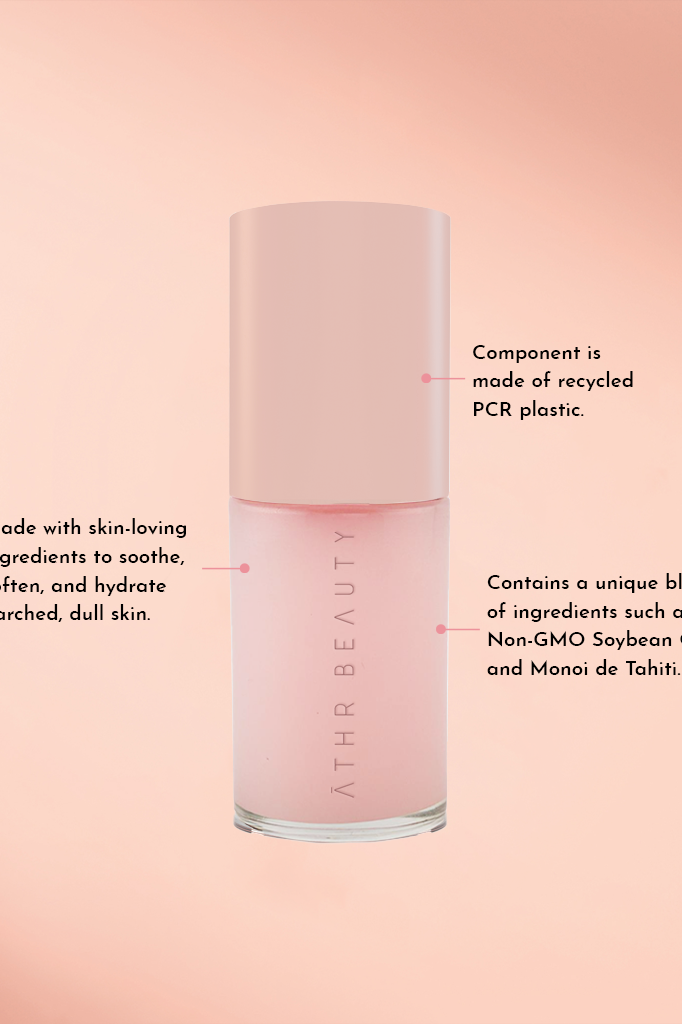 Educational image of the Aurora Glow Lip Oil. Component is made of recycled PCR plastic; Made with skin-soothing ingredients to soothe, soften, and hydrate parched, dull skin; Contains a unique blend of ingredients such as Non-GMO Soybean Oil and Monoi de Tahiti.