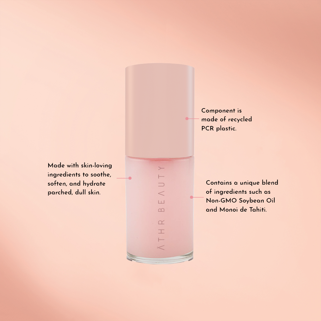 Educational image of the Aurora Glow Lip Oil. Component is made of recycled PCR plastic; Made with skin-soothing ingredients to soothe, soften, and hydrate parched, dull skin; Contains a unique blend of ingredients such as Non-GMO Soybean Oil and Monoi de Tahiti.