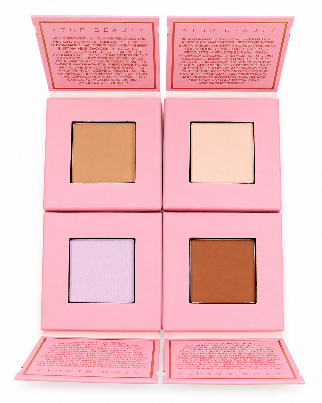 Four open pink compact cases of ATHR Beauty’s Desert Mirage Blurring Powder arranged in a square on a white background. Top-left shows 'Citrine Sand' (a soft, warm beige with a banana-yellow tint), top-right shows 'Rose Mesa' (a soft, creamy beige with a subtle pink tint), bottom-left shows 'Sagebrush' (a pale lavender-tinted powder), and bottom-right shows 'Sienna Dune' (a deep terracotta-brown shade).