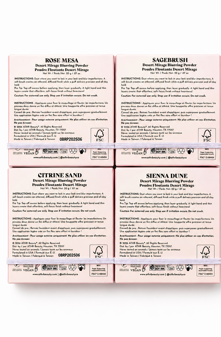Four Desert Mirage Blurring Powder packages with labels on a white background