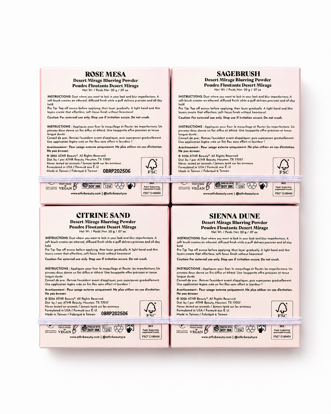 Four Desert Mirage Blurring Powder packages with labels on a white background