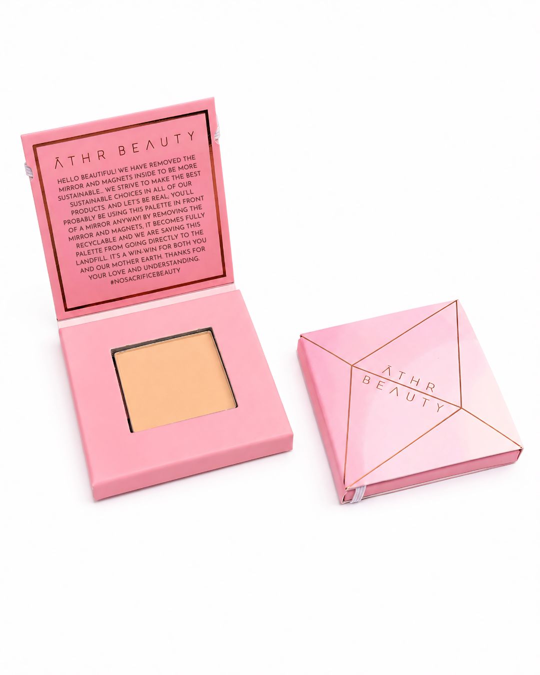 Athr Beauty makeup compact with open lid showing the Desert Mirage Blurring Powder in the shade 'Citrine Sand' (a soft, warm beige with a banana-yellow tint) product and closed case on white background