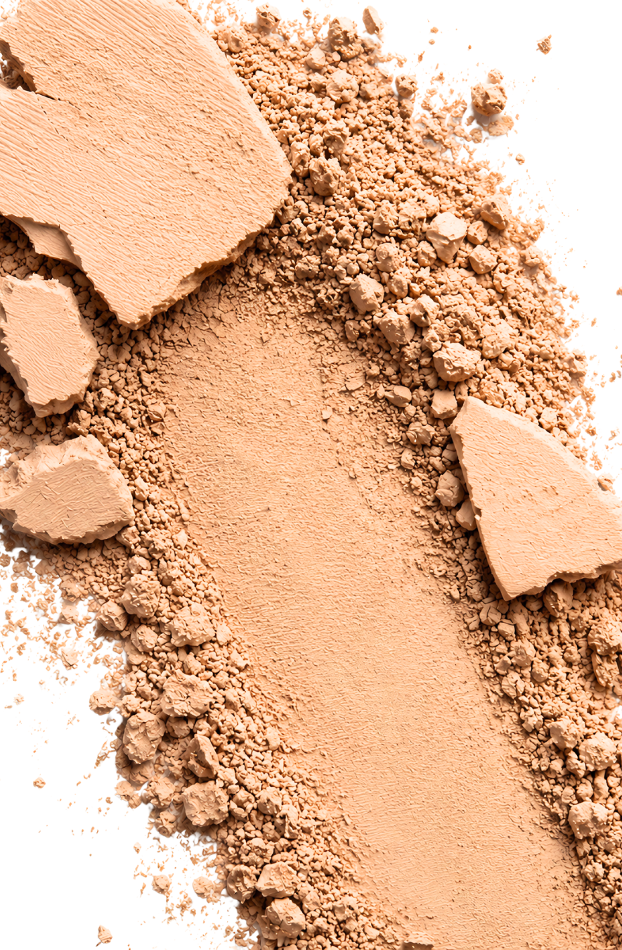 Close-up of the Desert Mirage Blurring Powder in the shade 'Citrine Sand' (a soft, warm beige with a banana-yellow tint) with a chunky texture on a white background