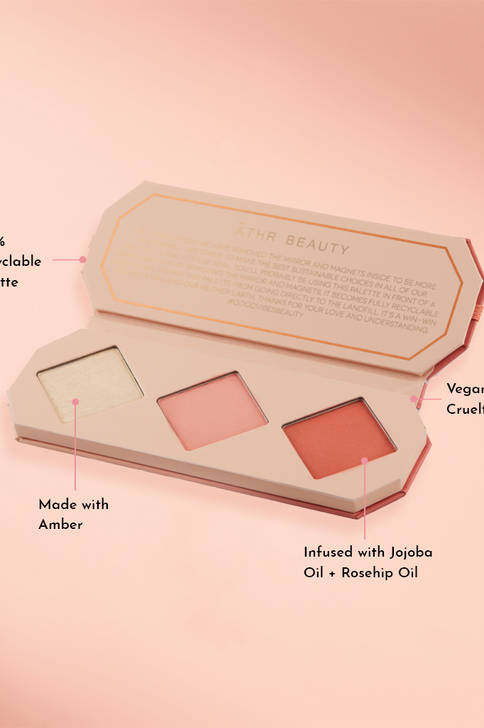 Educational image of the Crystal Charged Cheek Palette in the shade, "Amber." 100% Recyclable Palette; Made with Amber; Vegan + Cruelty-Free; Infused with Jojoba Oil + Rosehip Oil.
