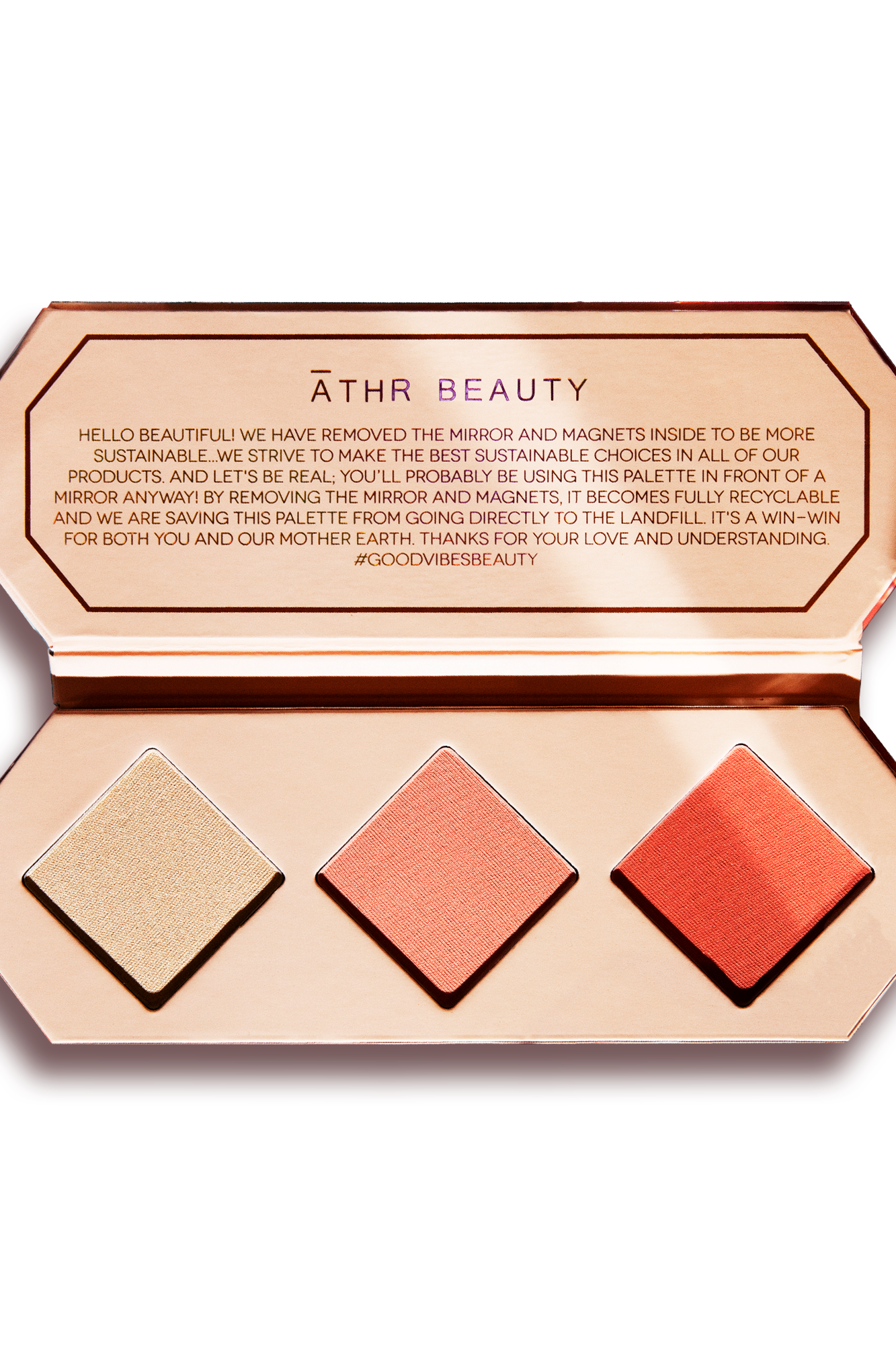 Studio product image of the 3-Pan "Amber" Crystal Charged Cheek Palette, sitting open to show the included shade colors.