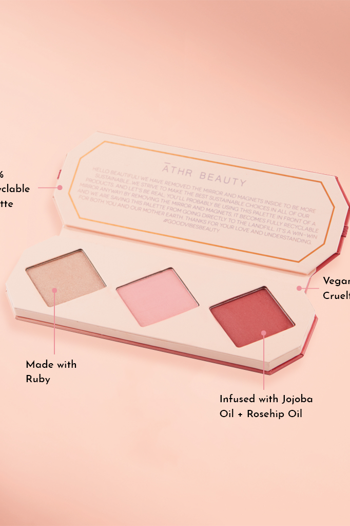 Educational image of the Crystal Charged Cheek Palette in the shade, "Ruby." 100% Recyclable Palette; Made with Ruby; Vegan + Cruelty-Free; Infused with Jojoba Oil + Rosehip Oil.
