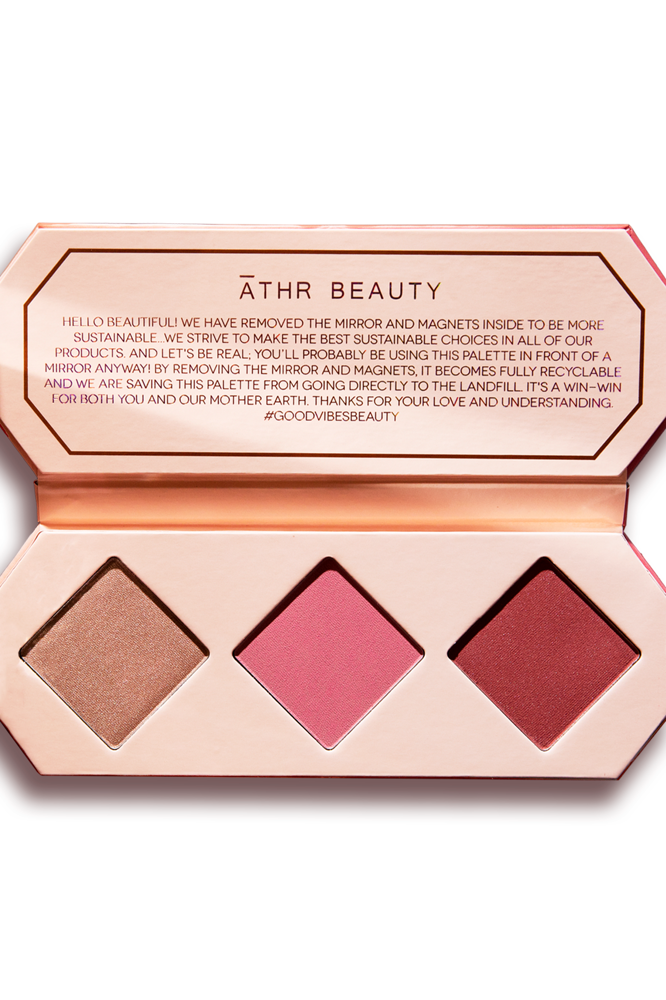 Studio product image of the 3-Pan "Ruby" Crystal Charged Cheek Palette, sitting open to show the included shade colors.