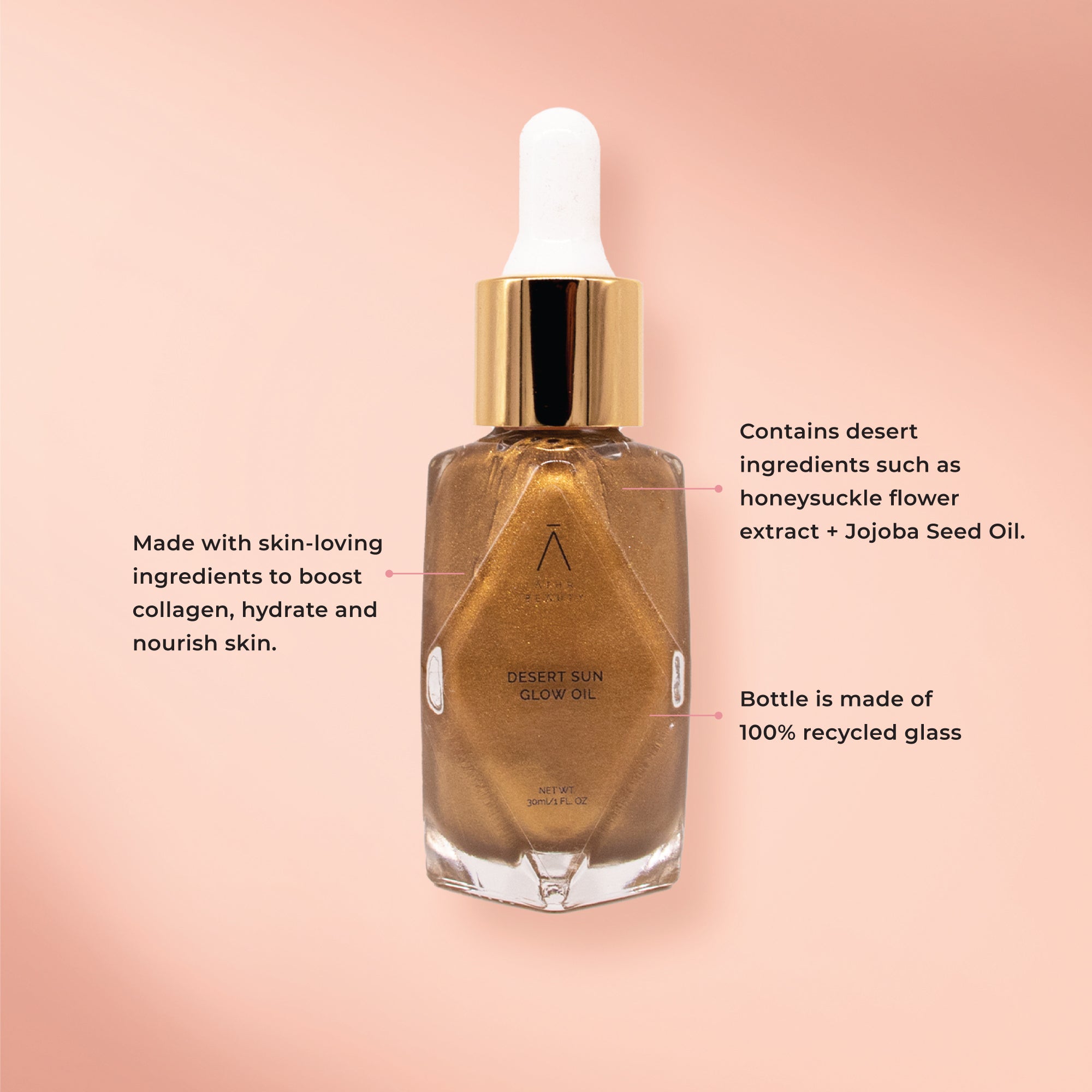 Made with skin-loving ingredients to boost collagen, hydrate and nourish skin; Contains desert-derived ingredients like Honeysuckle Flower Extract and Jojoba Seed Oil; Bottle is made out of 100% recycled glass