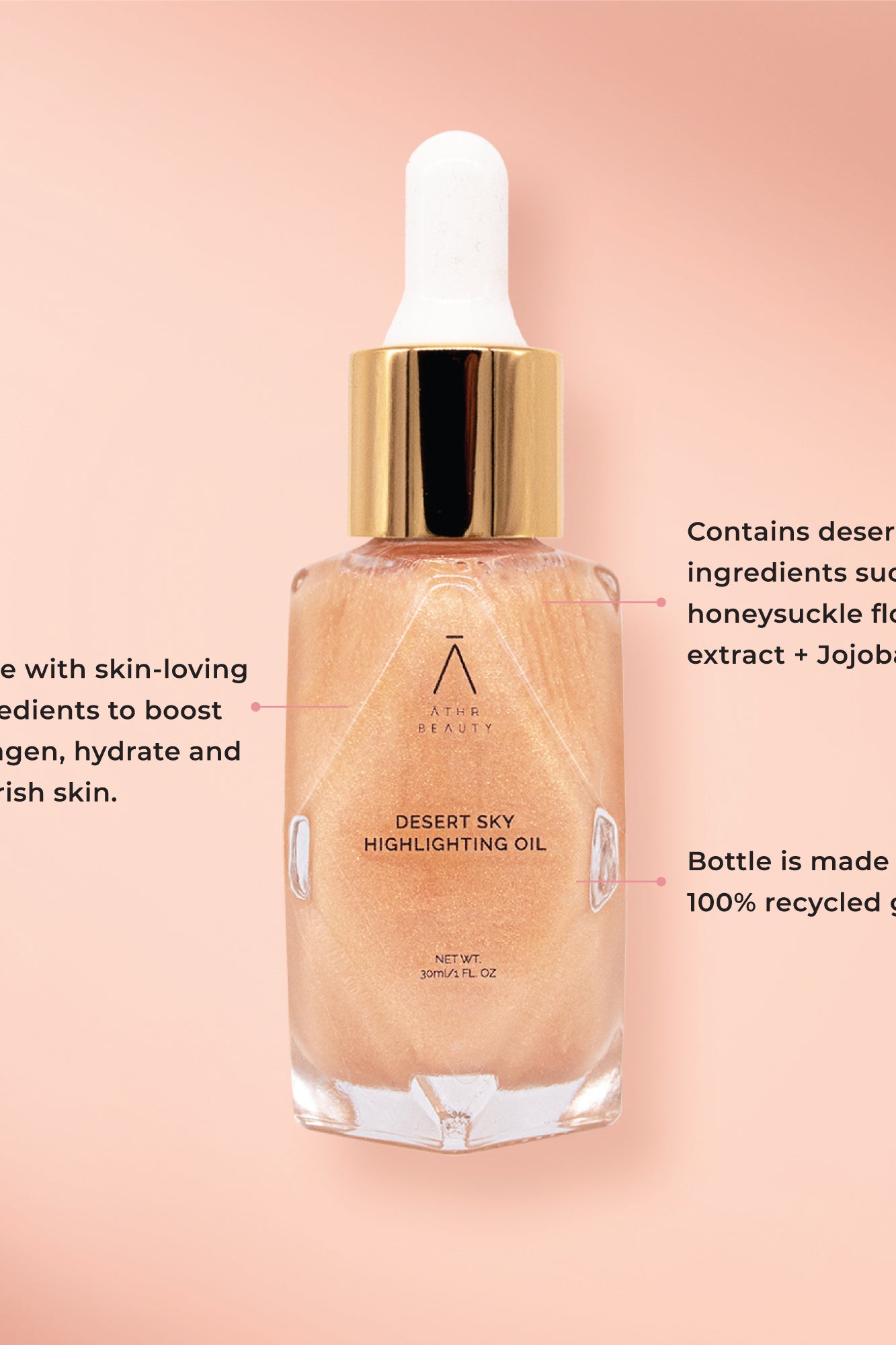 Educational image of the Desert Highlighting Oil in the shade, "Desert Sky." Made with skin-loving ingredients to boost collagen, hydrate and nourish skin; Contains desert-derived ingredients like Honeysuckle Flower Extract and Jojoba Seed Oil; Bottle is made of 100% recycled glass.