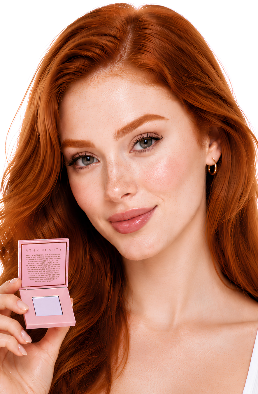 Model holding a purple powder compact of Athr Beauty's 'Desert Mirage Blurring Powder' with open lid in the shade ‘Sagebrush’ (a softly tinted lavender) with a white background.