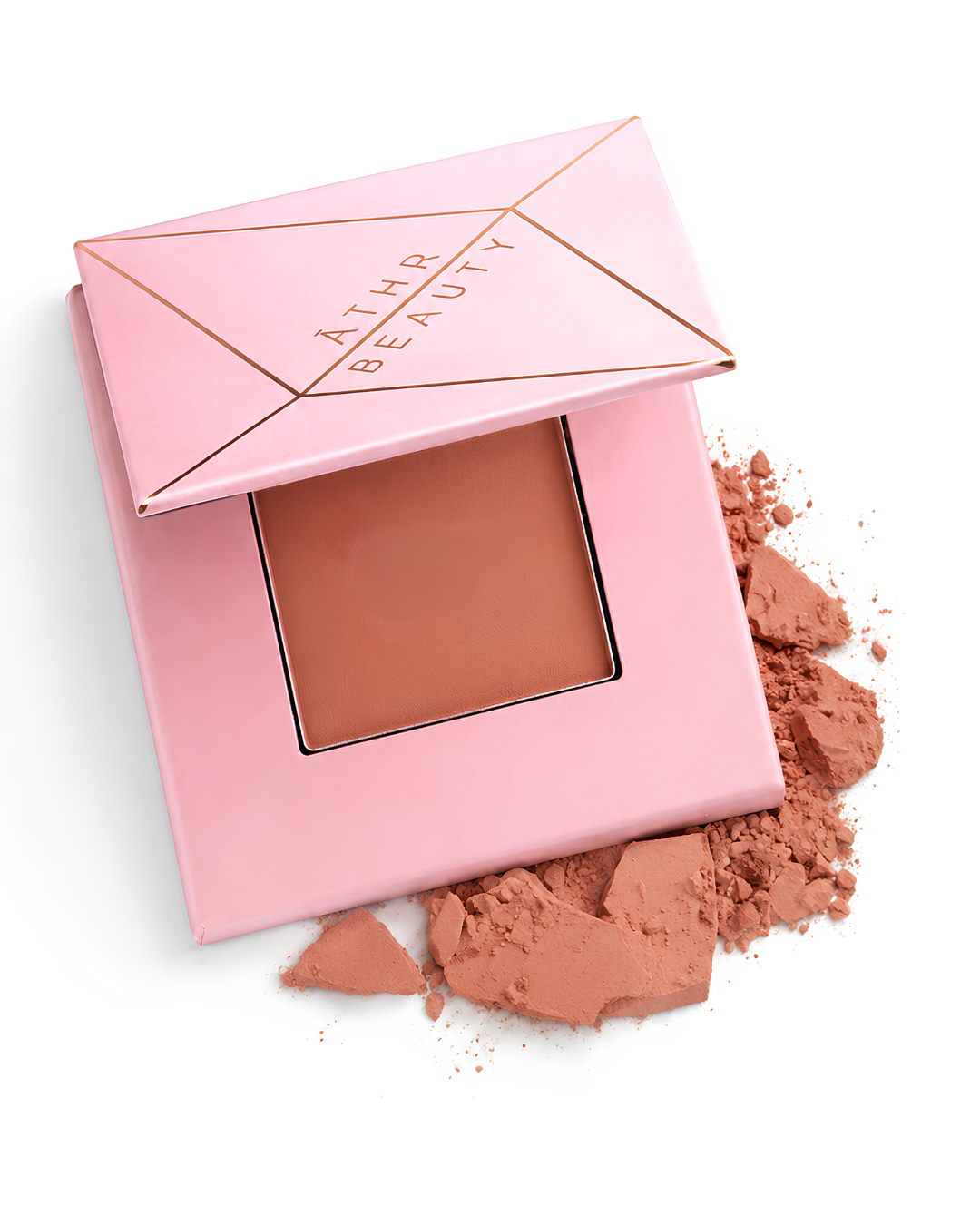 Pink compact powder with powder color and 'Athr Beauty' branding on a white background