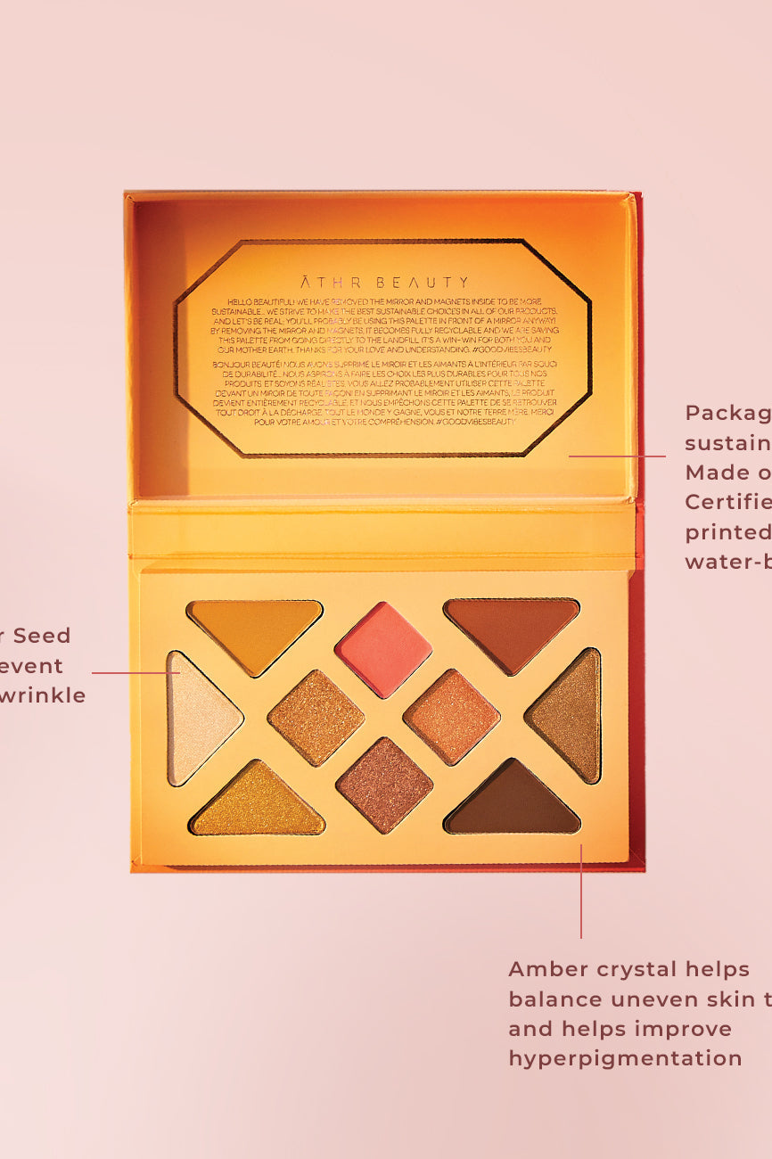 Educational image of the 10-Pan "Desert Sunset" Crystal Eyeshadow Quad. Packaging is sustainable, made with FSC® Certified paper, & printed with water-based soy ink; Made with Amber crystal to help balance skin tone and improve hyperpigmentation; Infused with Prickly Pear Seed Oil to help prevent premature wrinkle formation.