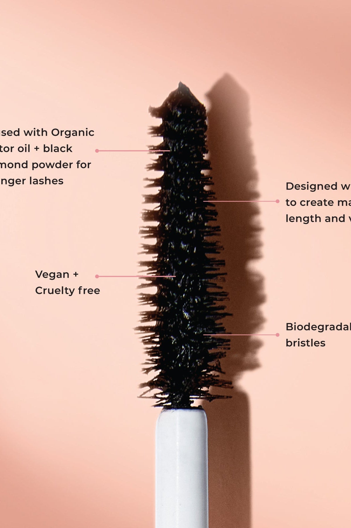 Educational image of The Big Bang Mascara. Infused with Organic Castor Oil and Black Diamond Powder for stronger lashes; Designed with two fibers to create maximum length and volume; Vegan + Cruelty-Free; Biodegradable bristles