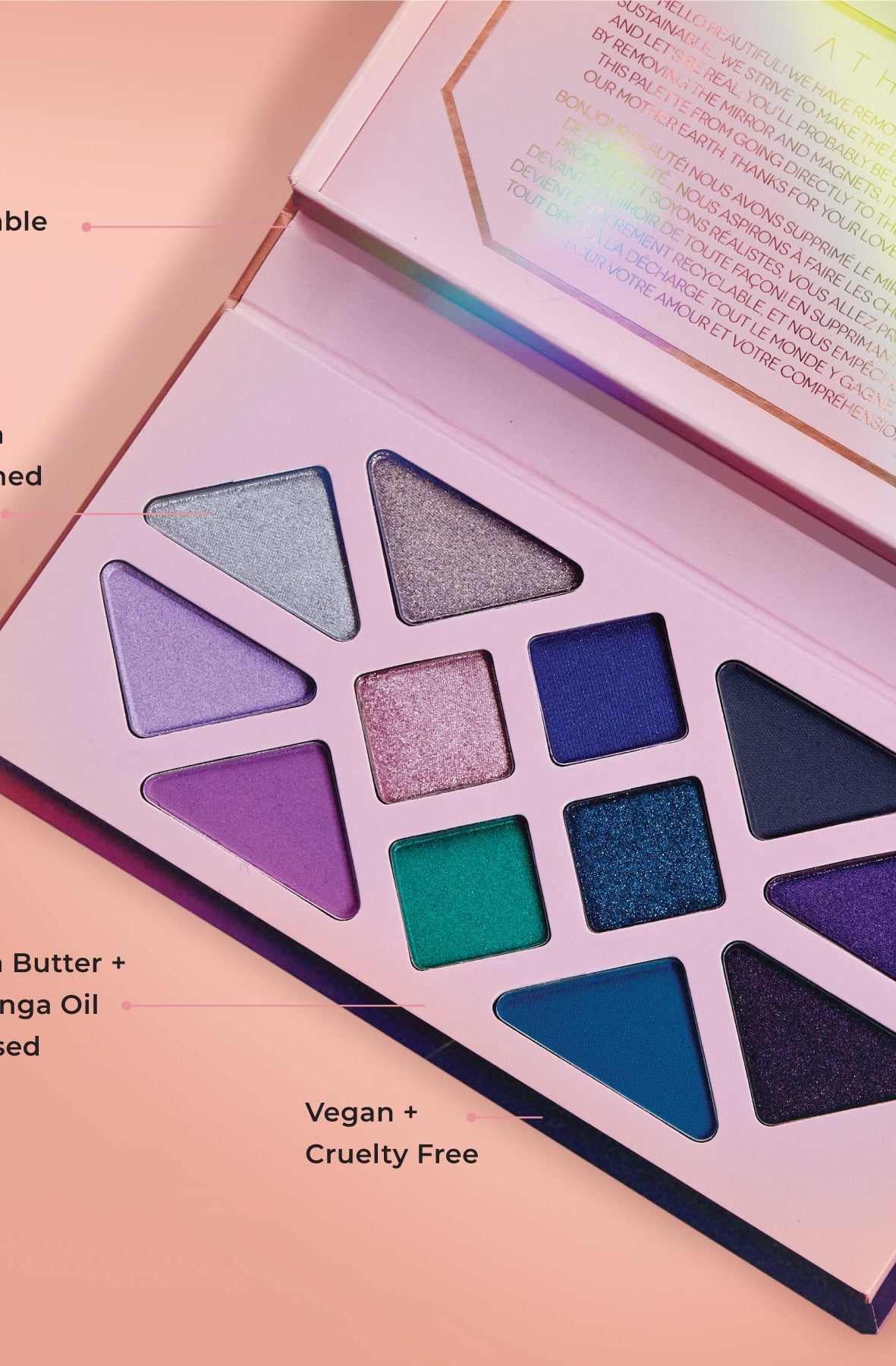 Educational image of the 12-Pan "Moonlight" Crystal Eyeshadow Palette. 100% Recyclable Palette; Made with pure crushed Sapphire; Infused with Shea Butter + Moringa Oil; Vegan + Cruelty-Free.