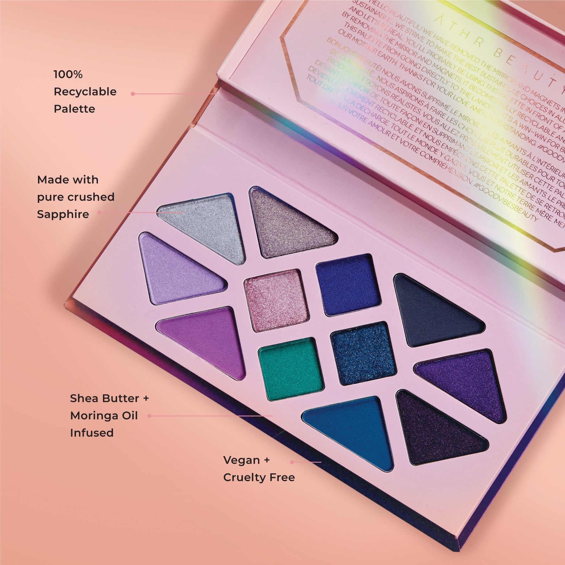 Educational image of the 12-Pan "Moonlight" Crystal Eyeshadow Palette. 100% Recyclable Palette; Made with pure crushed Sapphire;  Infused with Shea Butter + Moringa Oil; Vegan + Cruelty-Free.