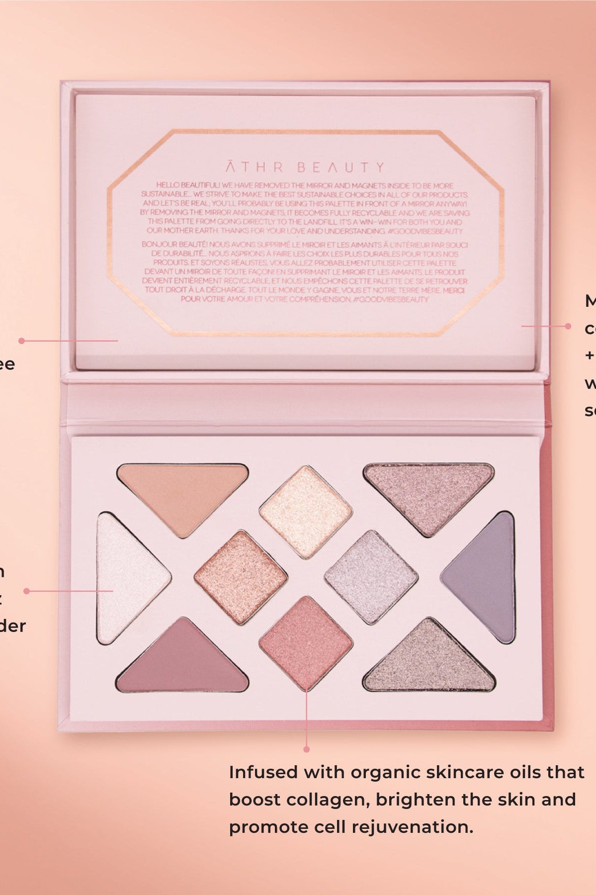 Educational image of the 10-Pan "Rose Quartz" Crystal Eyeshadow Palette. Vegan + Cruelty-Free; Made with FSC-Certified paper and printed with water-based soy ink; Infused with Rose Quartz Crystal powder;  Infused with organic skincare oils that boost collagen, brighten the skin, and promote cell rejuvenation.