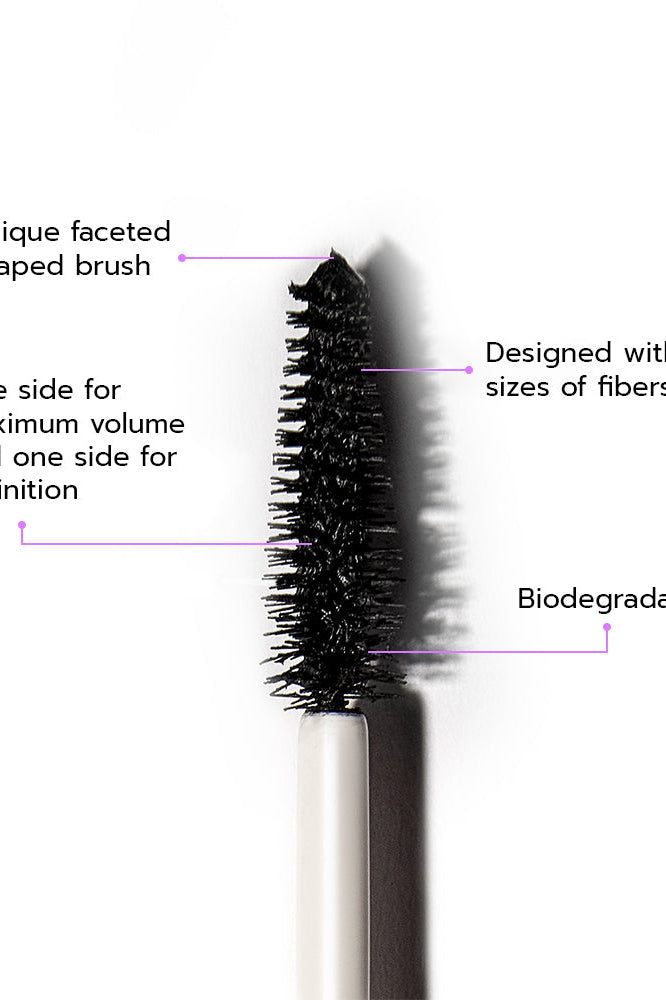 Educational image of The Big Bang Mascara. Unique faceted shaped brush; Designed with two sizes of fibers; One side for maximum volume and one side for definition; Biodegradable brush