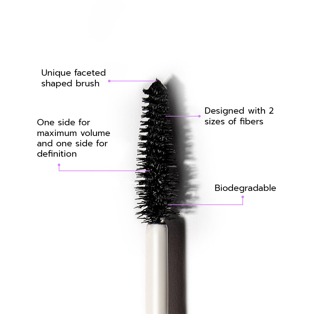 Unique faceted shaped brush; Designed with 2 sizes of fibers; One side for maximum volume and one side for definition; Biodegradable