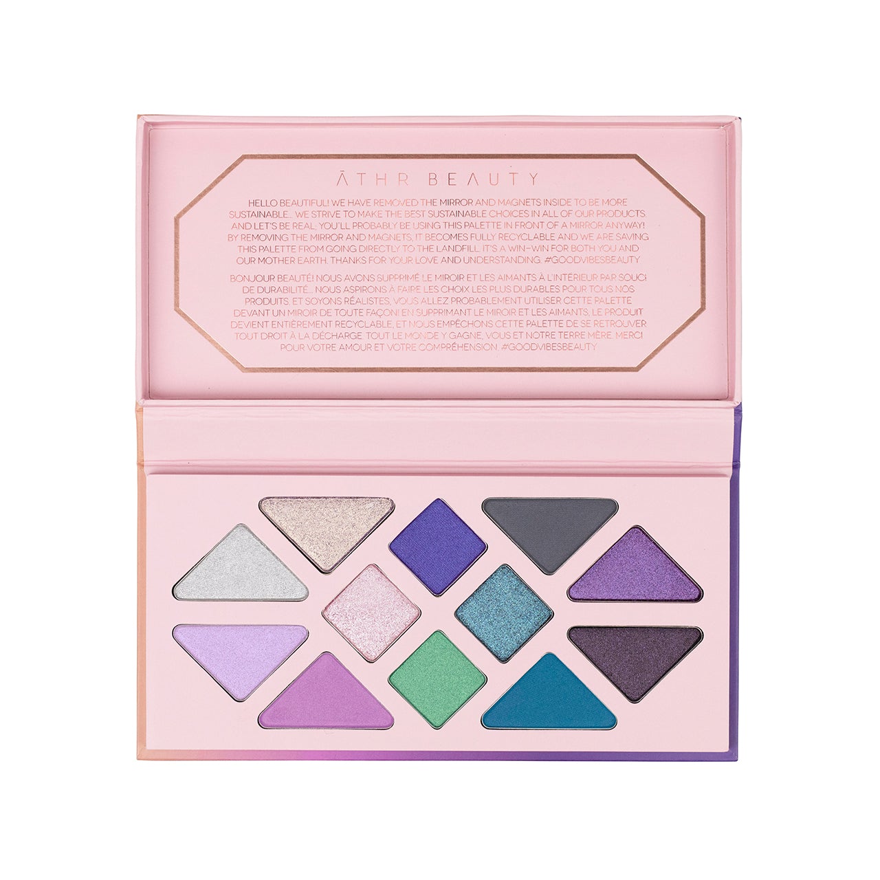 Open flat lay product image of the 12-Pan "Moonlight" Crystal Eyeshadow Palette.