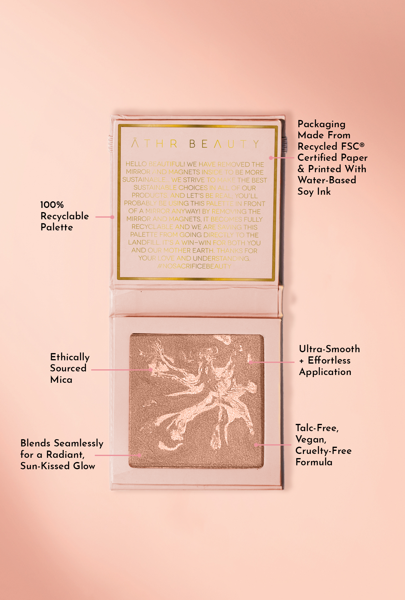 Educational image of the Diffused Reflections Bronzing Powder in the shade, "Aurora." Packaging made from Recycled FSC® Certified paper & printed with water-based soy ink; 100% recyclable palette. Ultra-smooth plus effortless application; ethically sourced mica; blends seamlessly for a radiant, sun-kissed glow; talc-free, vegan, and cruelty-free formula.