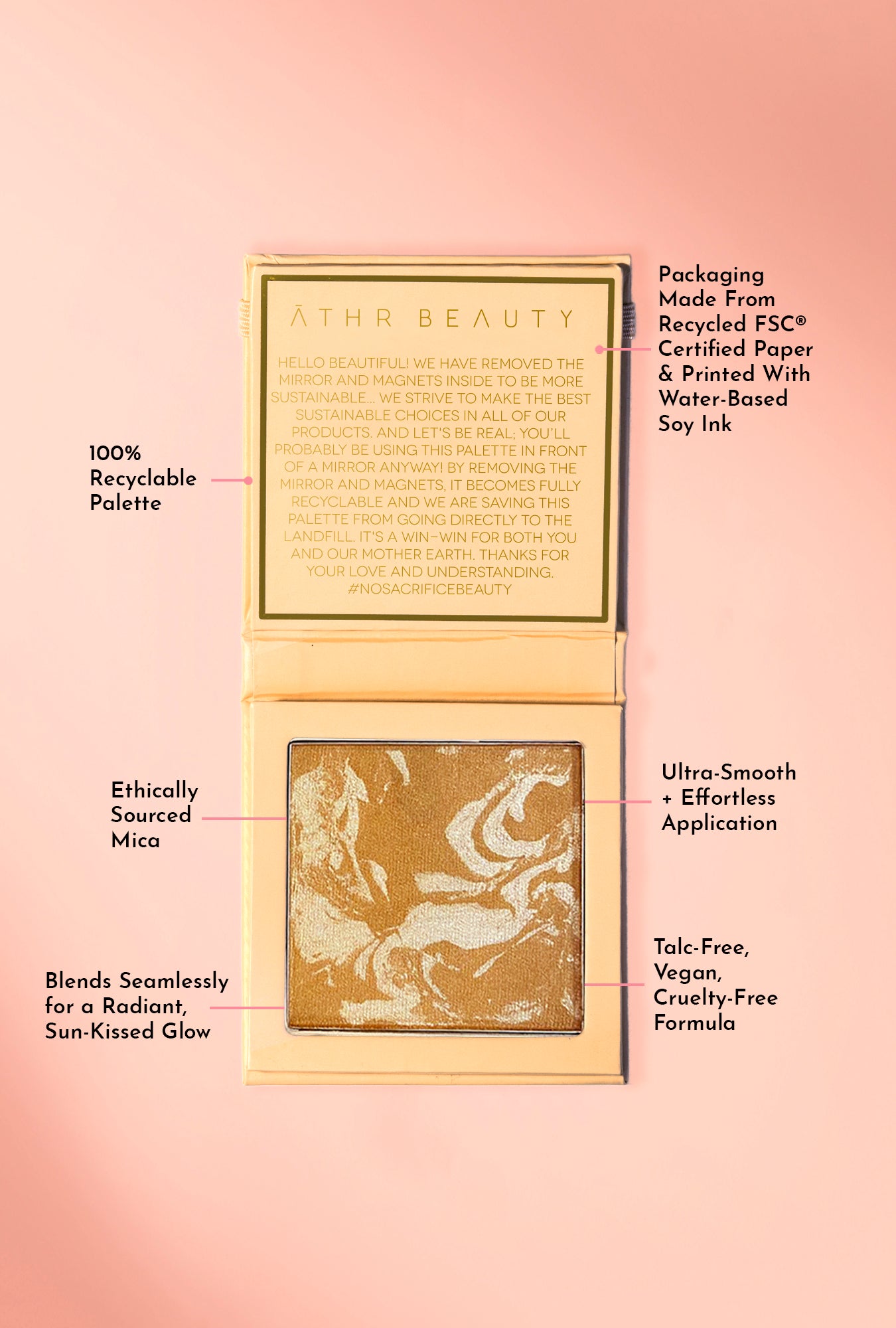 Educational image of the Diffused Reflections Bronzing Powder in the shade, "Aurora." Packaging made from Recycled FSC® Certified paper & printed with water-based soy ink; 100% recyclable palette. Ultra-smooth plus effortless application; ethically sourced mica; blends seamlessly for a radiant, sun-kissed glow; talc-free, vegan, and cruelty-free formula.