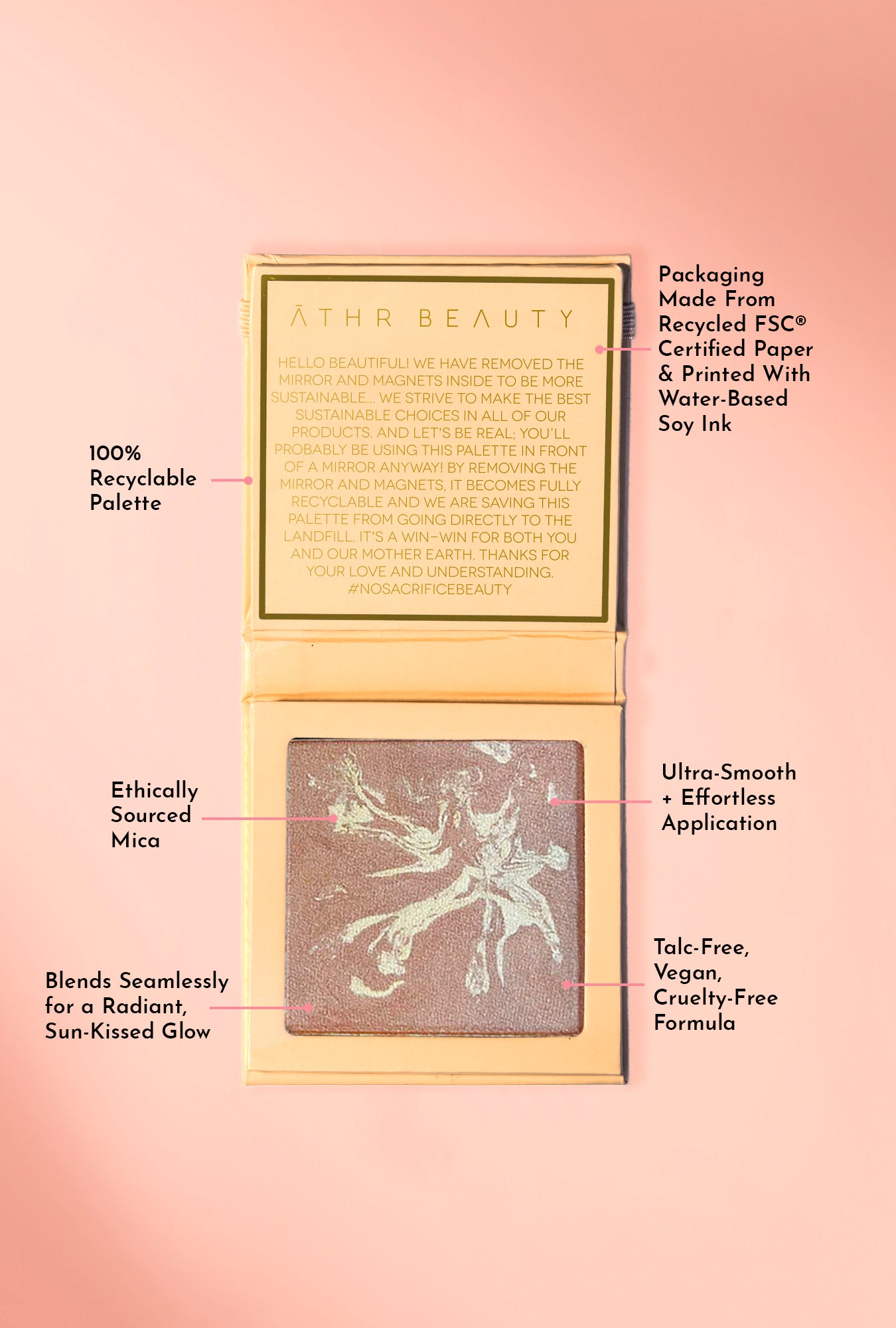 Educational image of the Diffused Reflections Bronzing Powder in the shade, "Ethereal." Packaging made from Recycled FSC® Certified paper & printed with water-based soy ink; 100% recyclable palette. Ultra-smooth plus effortless application; ethically sourced mica; blends seamlessly for a radiant, sun-kissed glow; talc-free, vegan, and cruelty-free formula.