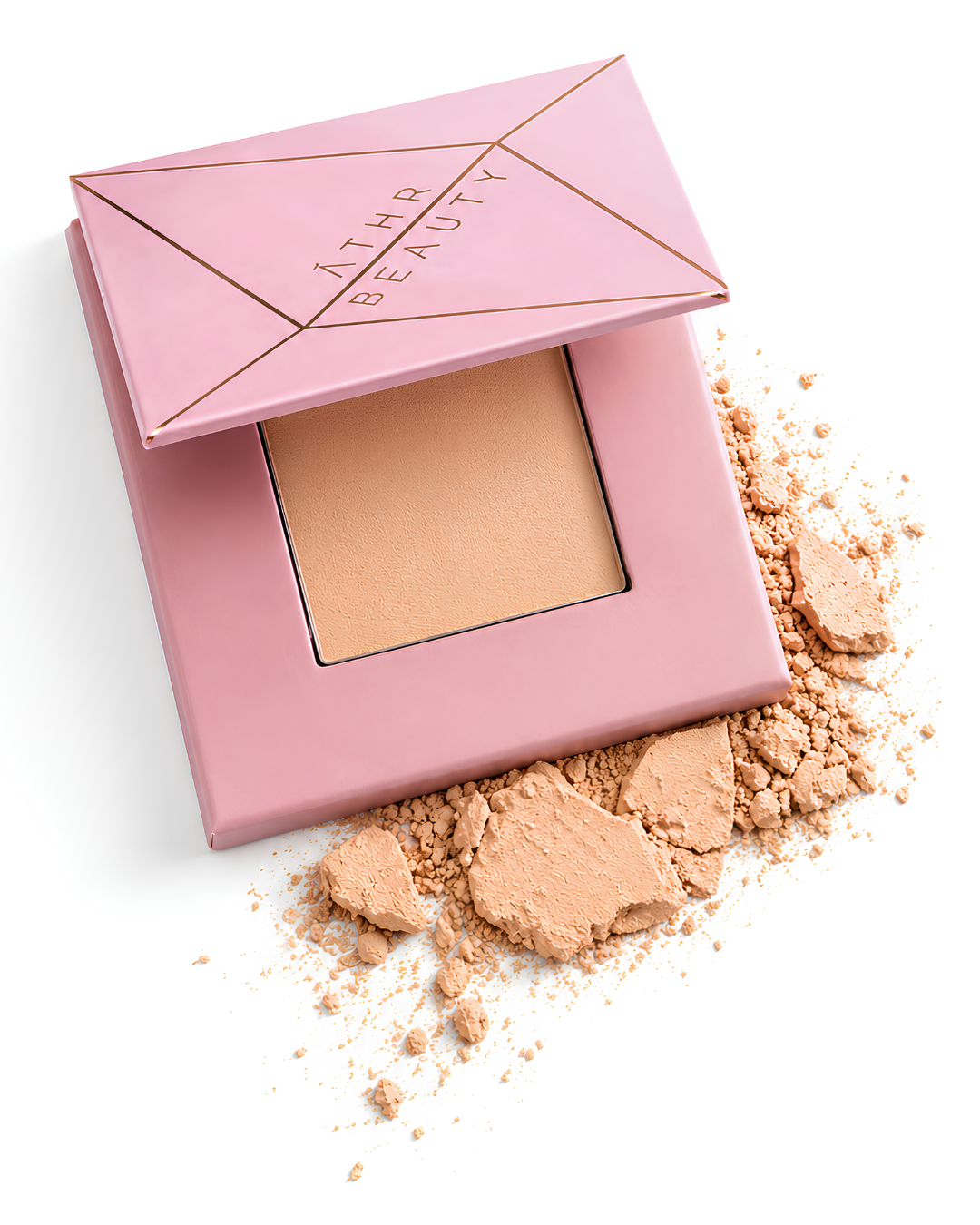 Open pink compact powder of Athr Beauty's 'Desert Mirage Blurring Powder' in the shade 'Citrine Sand' (a soft, warm beige with a banana-yellow tint) on a white background