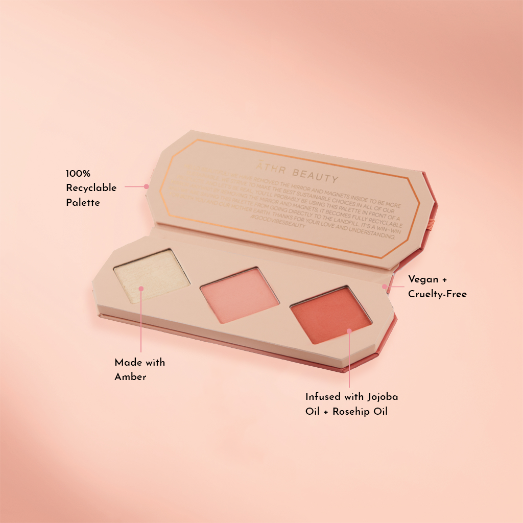 Educational image of the Crystal Charged Cheek Palette in the shade, "Amber." 100% Recyclable Palette; Made with Amber; Vegan + Cruelty-Free; Infused with Jojoba Oil + Rosehip Oil.