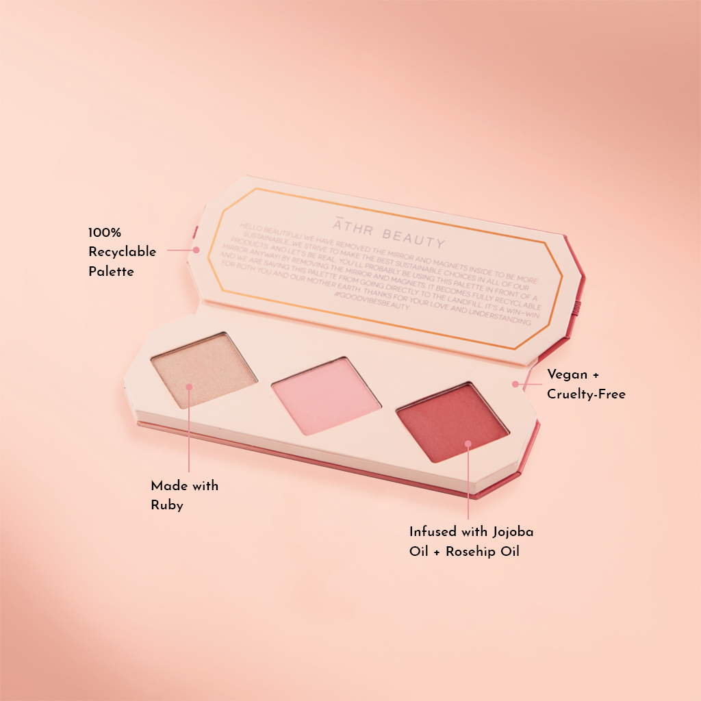 Educational image of the Crystal Charged Cheek Palette in the shade, "Ruby." 100% Recyclable Palette; Made with Ruby; Vegan + Cruelty-Free; Infused with Jojoba Oil + Rosehip Oil.