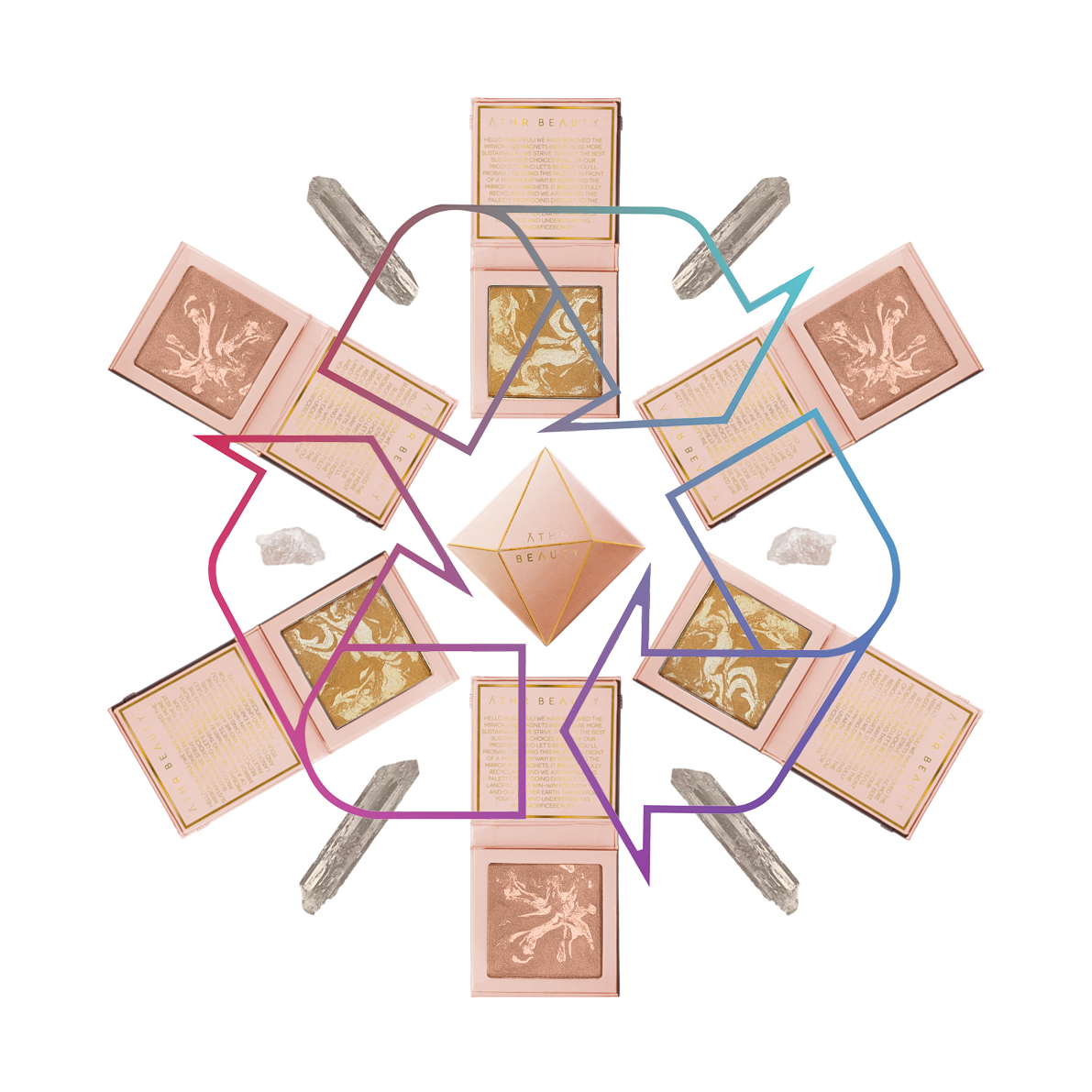 Stylized image of the Diffused Reflections Bronzing Powder in the shades 'Aurora' and 'Ethereal' with crystals and a mobius loop overlay on a white background