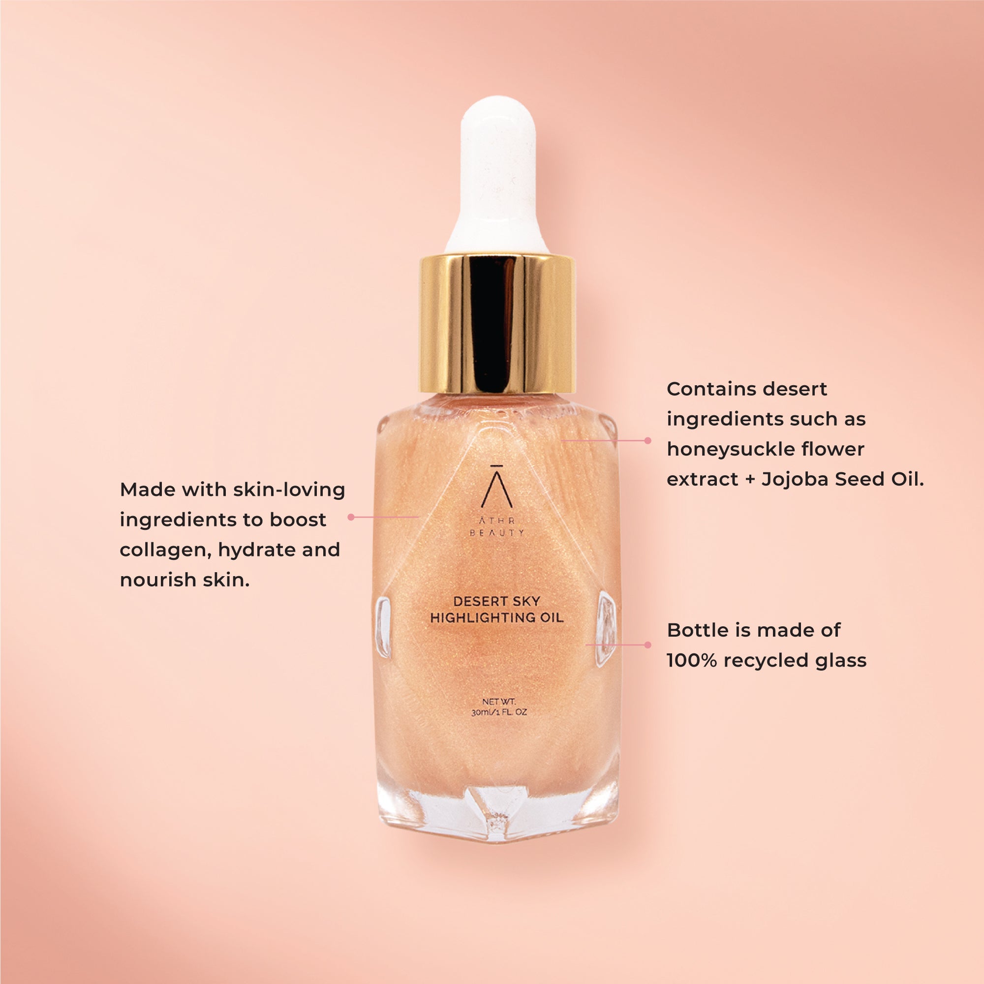 Educational image of the Desert Highlighting Oil in the shade, "Desert Sky." Made with skin-loving ingredients to boost collagen, hydrate and nourish skin; Contains desert-derived ingredients like Honeysuckle Flower Extract and Jojoba Seed Oil; Bottle is made of 100% recycled glass.