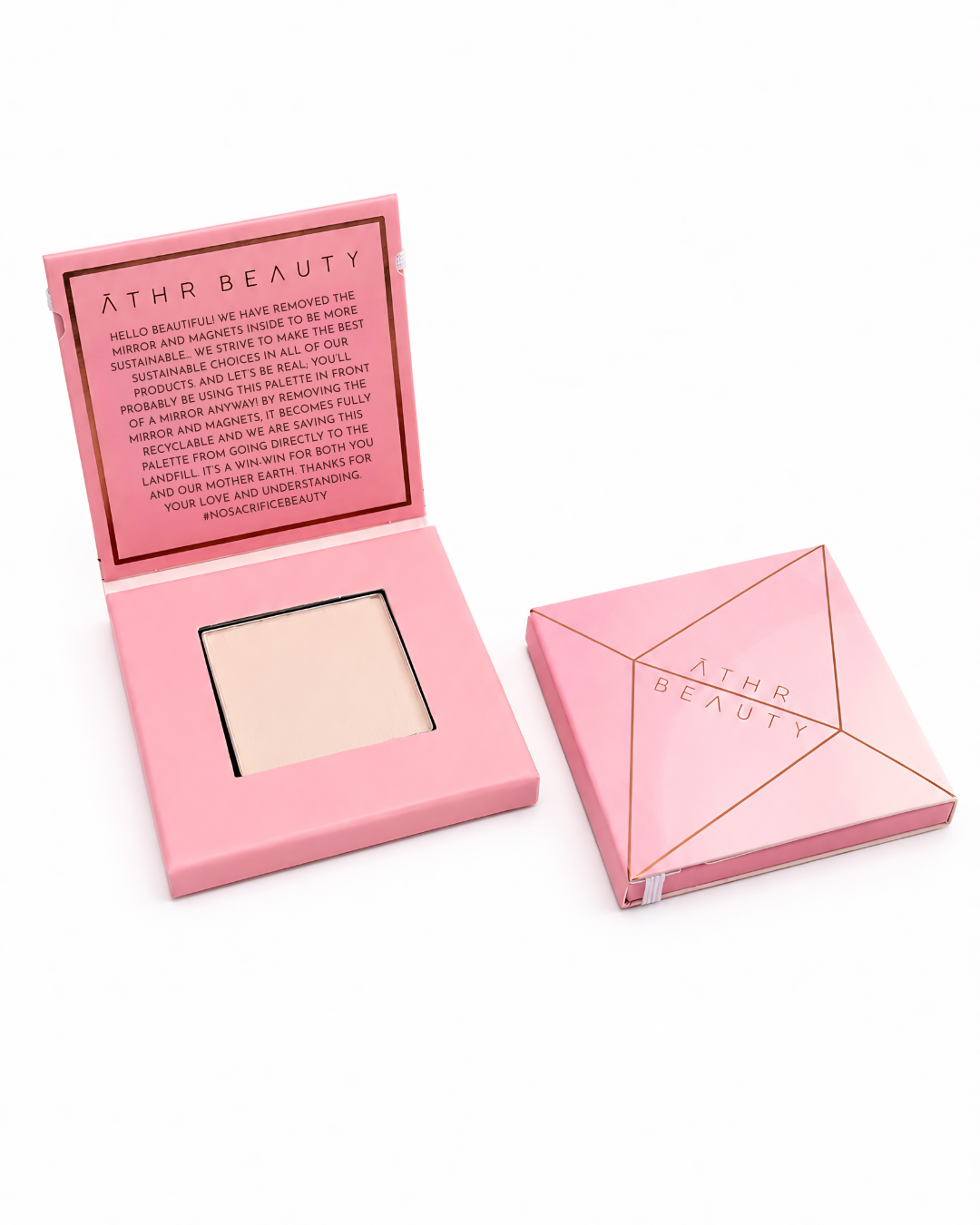Athr Beauty's pink compact powder of the 'Desert Mirage Blurring Powder' with open lid showing powder in the shade 'Rose Mesa' (a soft, creamy beige with a subtle pink tint) and closed lid on a white background