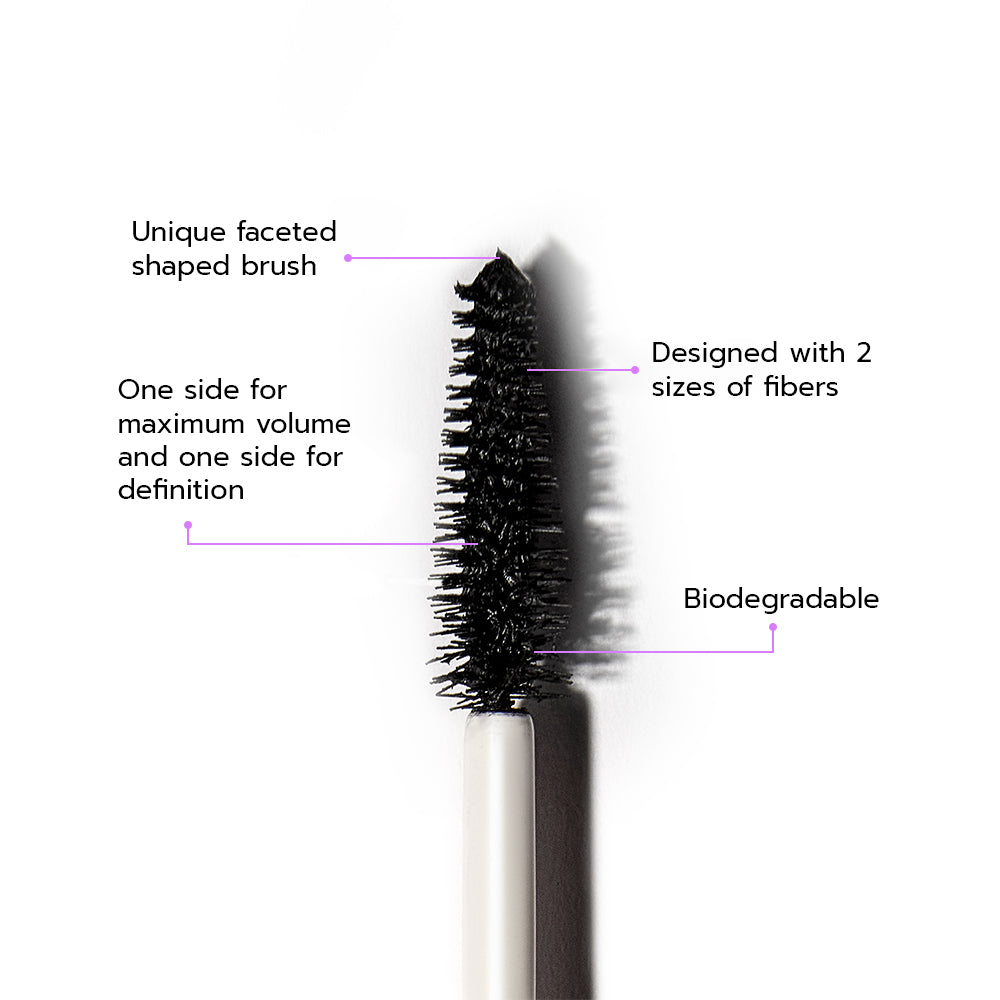 Educational image of The Big Bang Mascara. Unique faceted shaped brush; Designed with two sizes of fibers; One side for maximum volume and one side for definition; Biodegradable brush